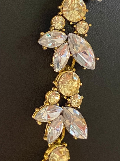 Goldtone Statement Necklace Vine Design Green Clear Faceted Jewels 16-18" Lays Flat