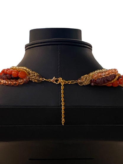 Vintage Twist Multistrand Acrylic Beaded Necklace 18-21" Orange Brown Lobster Clasp
