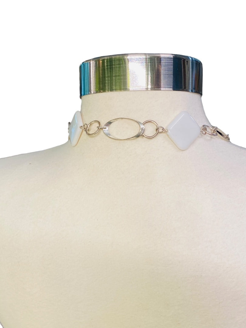 Silvertone and White Acrylic Square Necklace Overhead 34" Lightweight