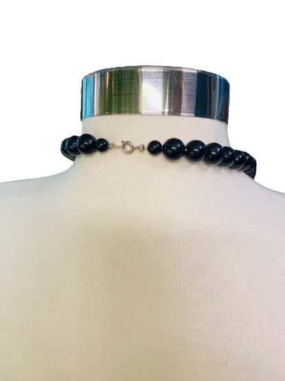 Chunky Black Graduated Bead Necklace Vintage 1990s Silvertone 35" Spring Clasp