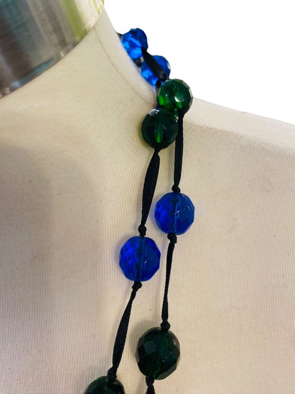 Blue Green Black Knotted Ribbon Necklace Faceted Beads 48" Oversize Spring Clasp