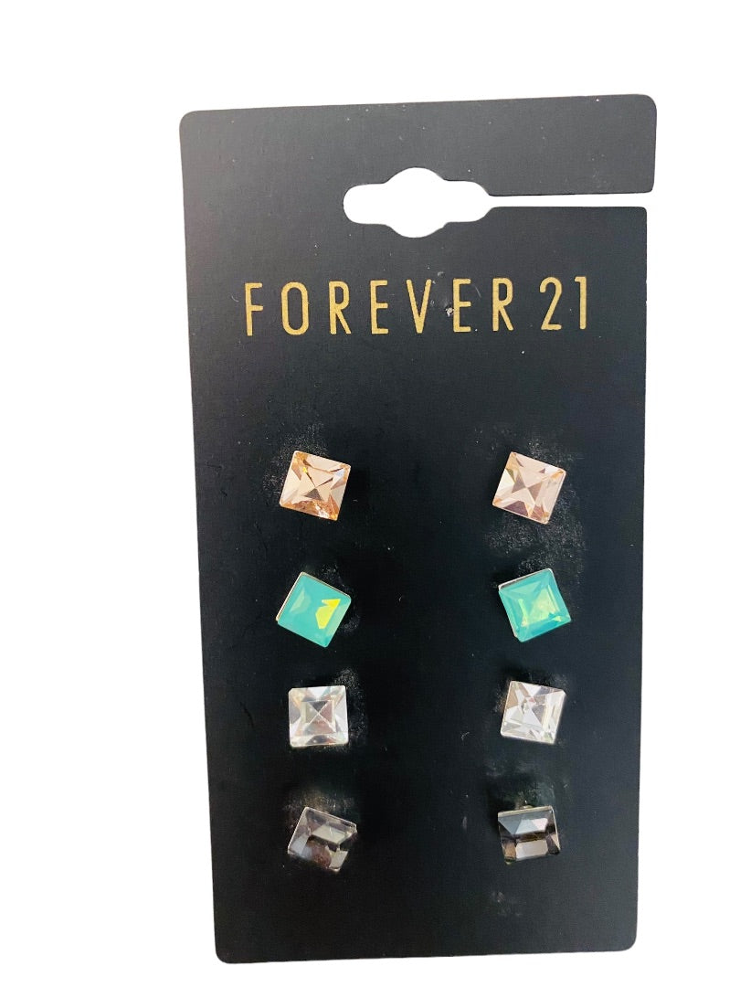 Forever 21 Set of 4 Pair Earrings Stud Pierced Faceted Pink Green Clear Gray