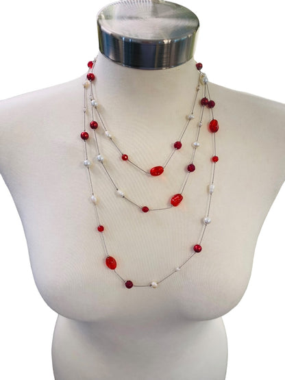 Silvertone Red Chain Necklace Strand String 67" Lobster Clasp Faux Assorted Pearls