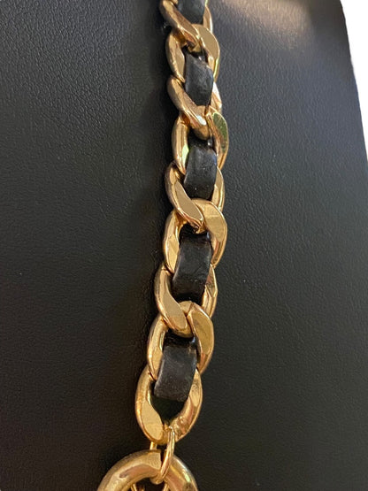 Goldtone and Black Cord Chunky Dual Strand Chain Necklace 17-19" Lobster Clasp