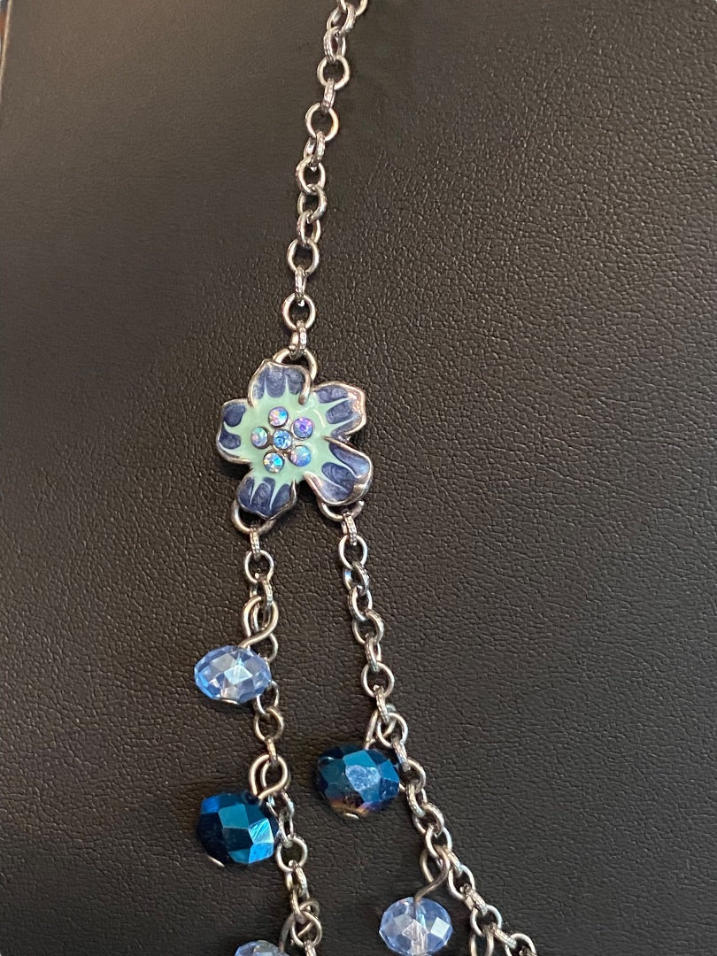 Dark Silvertone Blue Beaded Layered Necklace Floral 19" Lobster Clasp