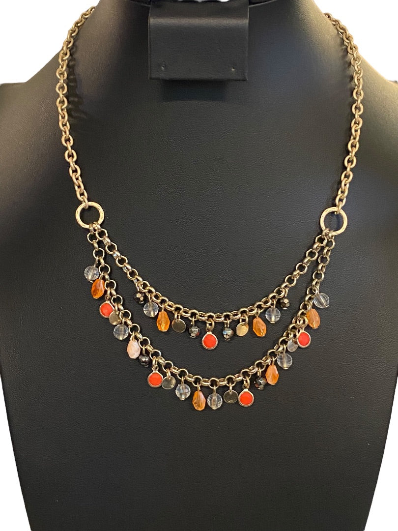 Brushed Goldtone Beaded Double Strand Necklace 17.5"Beaded 3" Drop