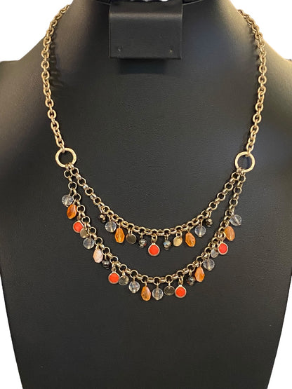 Brushed Goldtone Beaded Double Strand Necklace 17.5"Beaded 3" Drop