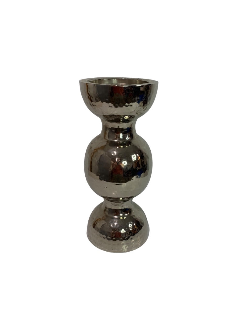 Textured Silvertone Hollow Metal Pillar Candle Stand 14"H