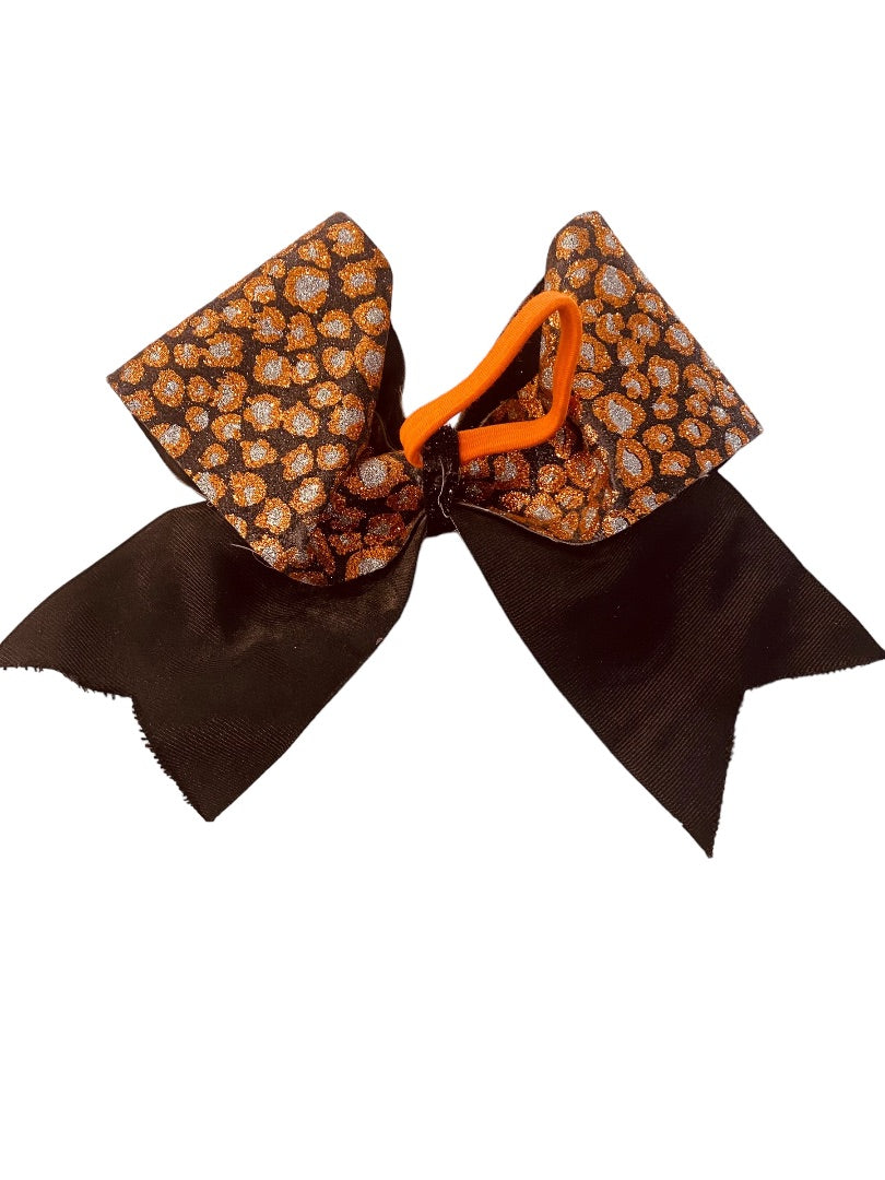 Girls Oversize Hair Bow 7.5" Elastic Ponytail Black Orange Silver Animal Print Glittery