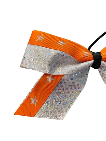 Girls Oversize Hair Bow 8" Elastic Ponytail Silver Orange Star Print