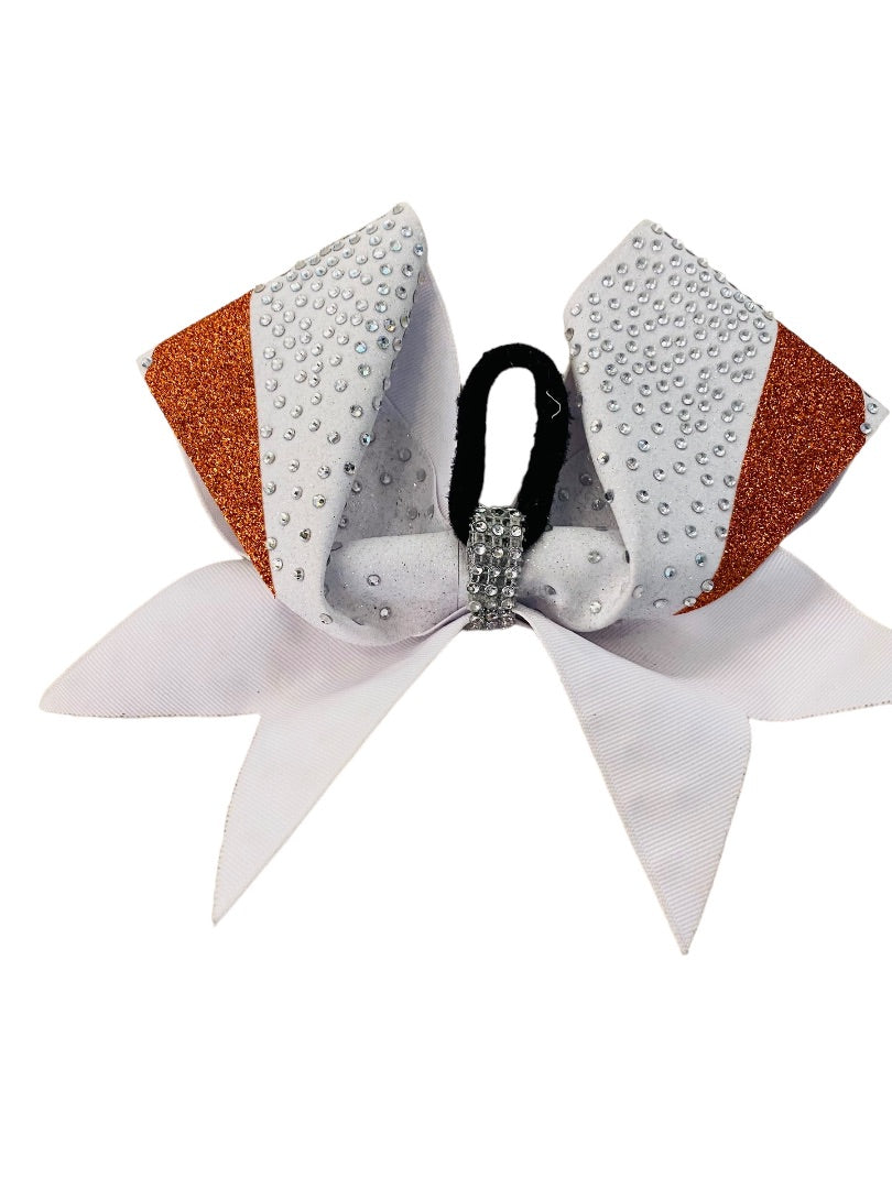 Girls Oversize Hair Bow 7" Elastic Ponytail Holder White Orange  Bejeweled