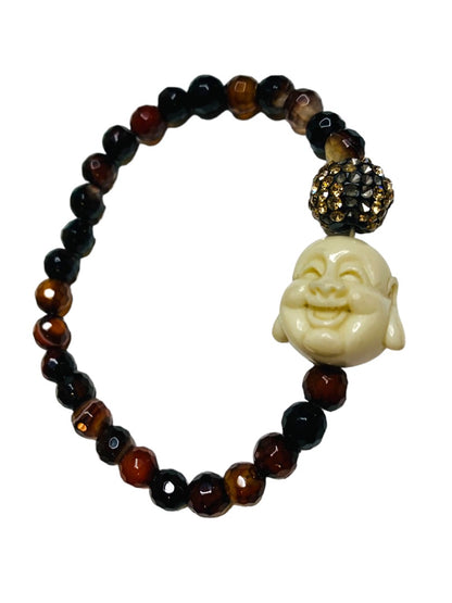 Black Brown Smiling Buddha Stretch Bracelet Beaded