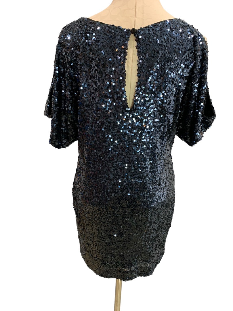 Size 2 Aidan Mattox Navy Blue Short Sleeve Mini Shift Dress Sequins