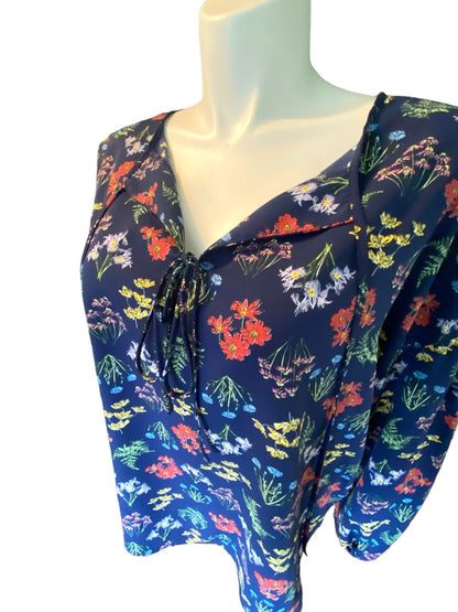 20W Eloquii Elements Navy Floral Tie Neck Blouse Tunic