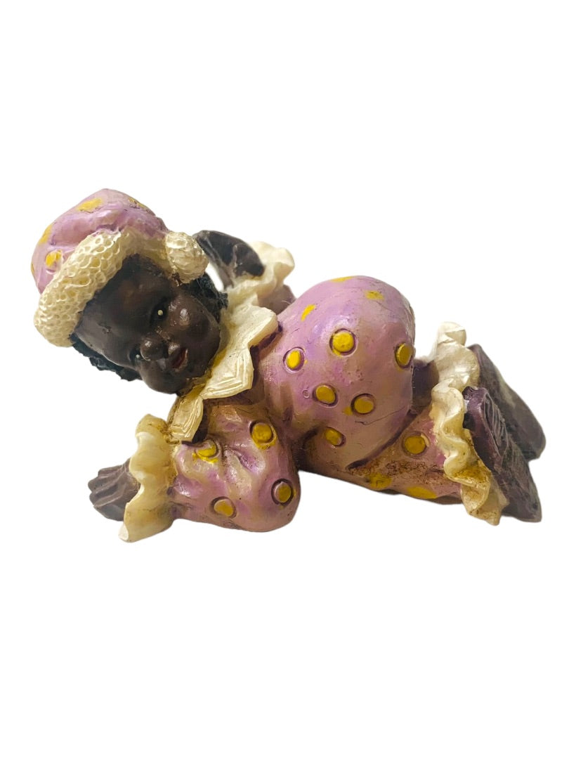 Resin Clown Figurine Brown Skin Baby Crawling Purple Polka Dot 2.2"