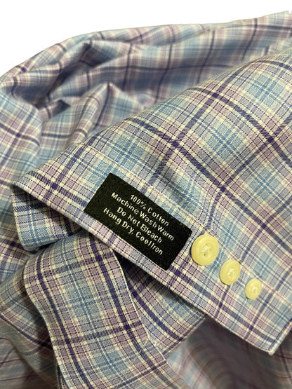 17.5 (32/33) David Donahue 100% Cotton Button Up Mens Plaid Dress Shirt Purple Blue Plaid