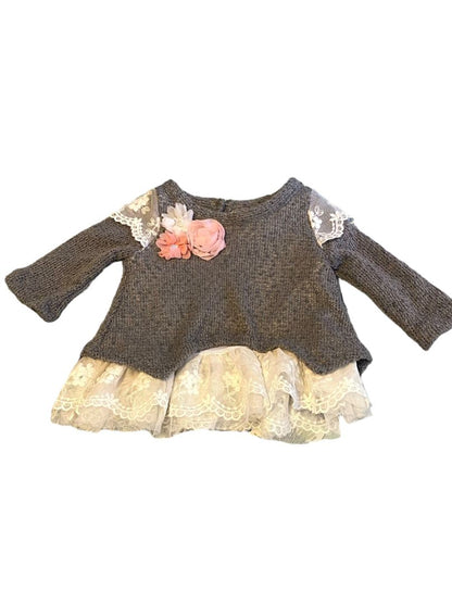 3-6 Months Rare Edition Gray Layered Sweater Lace Trim Flower Embellished