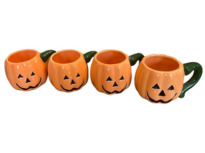 Set of 4 Halloween Ceramic Jack O Lantern Pumpkin Mugs Orange