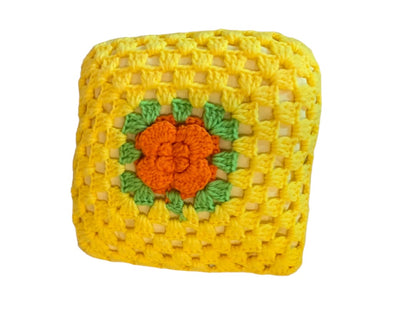 Vintage 1980s Crochet Cover Flower Throw Pillow 10" Accent Yellow