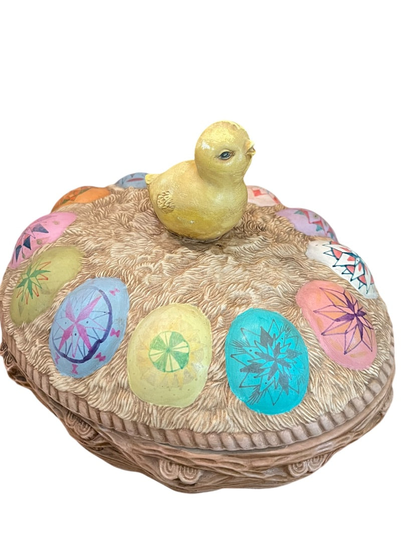 Vintage Hand Painted Chick on Ukrainian Eggs Basket Lidded Cookie Jar