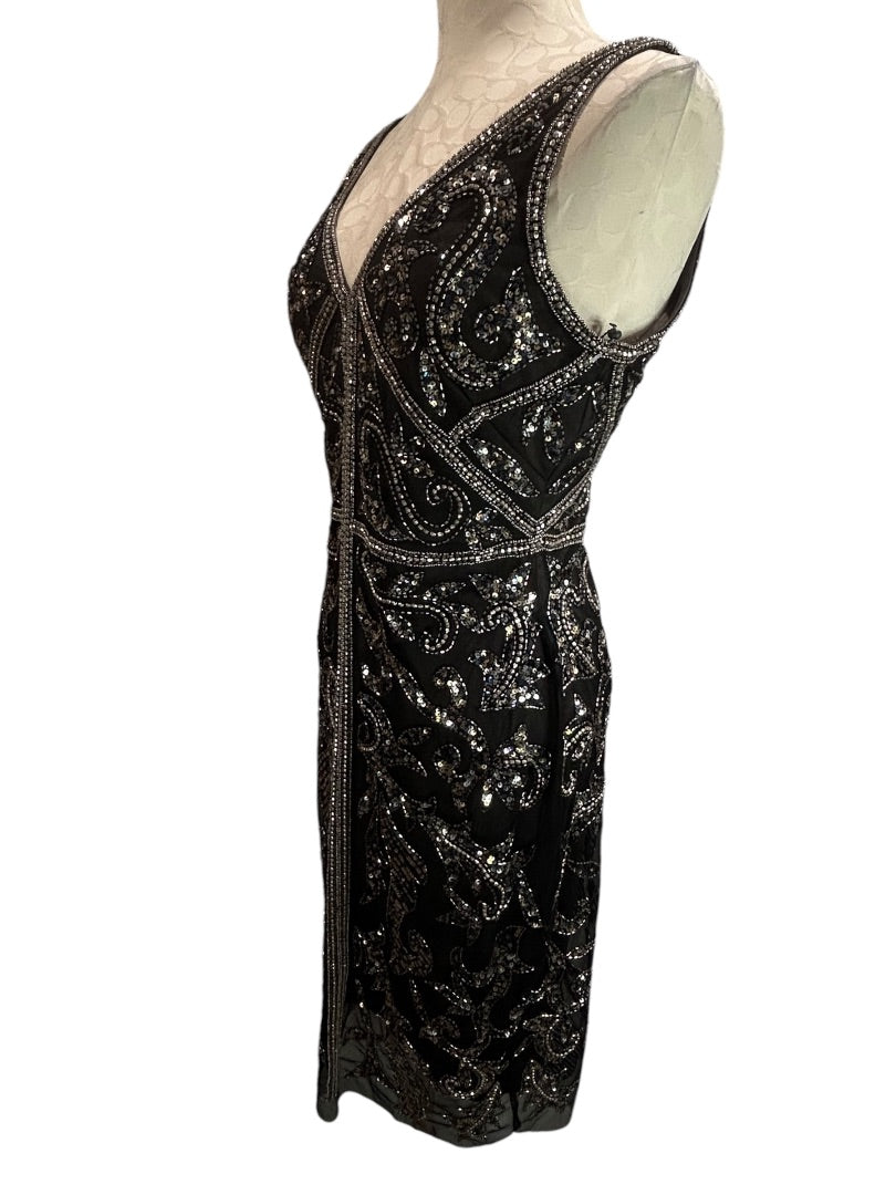 Size 6 Adrianna Papell New Beaded Black Sheath Dress Pewter Silver Beading Sleeveless