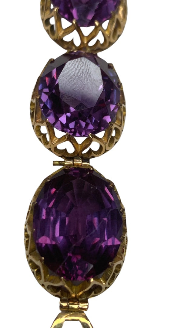 14k Yellow Gold Synthetic Amethyst Bracelet Vintage Jewelry Heart Filigree Setting 7.5"