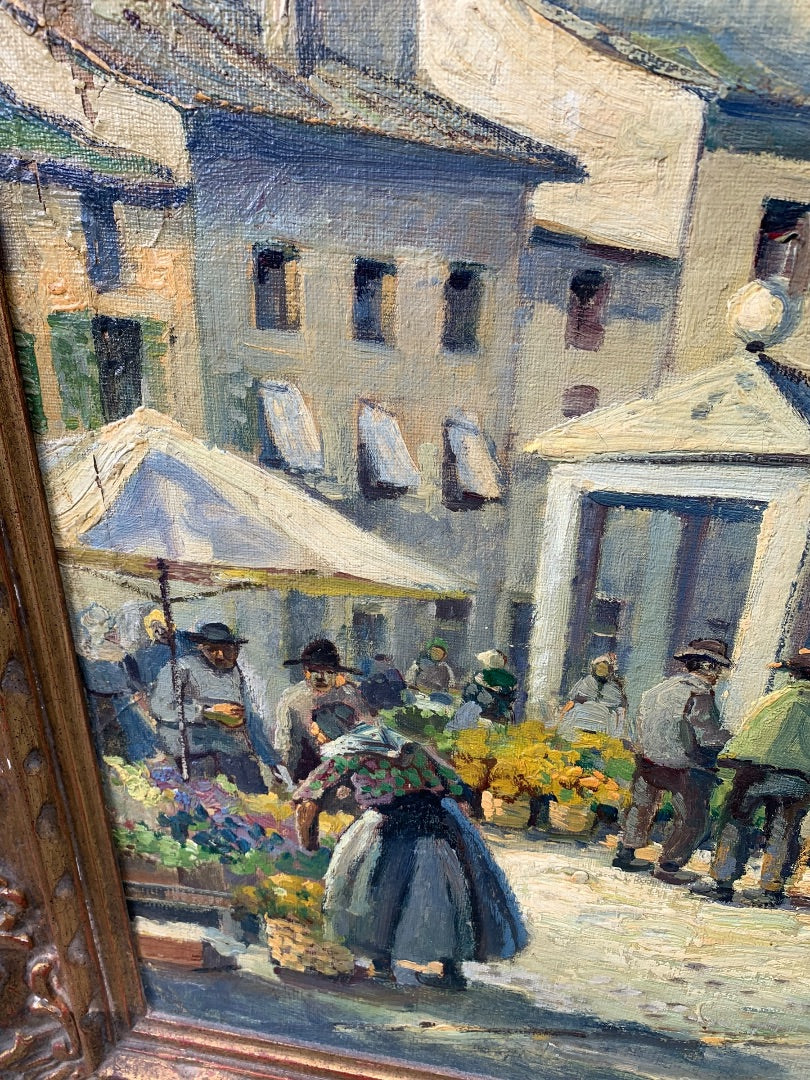 H Johanns Oil Painting on Canvas Market Day Town Square Signed 33.5" x 45.5" Framed