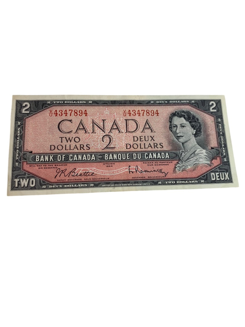 Canada Ottawa Deux 1954 Two Dollars Paper Money Currency Bill Vintage