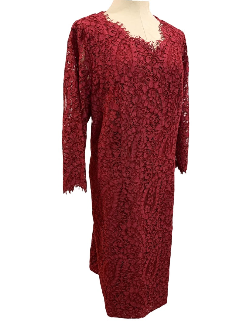 Size 16W Talbots Woman Burgundy Paisley Dress Lined Sheath Long Sleeve