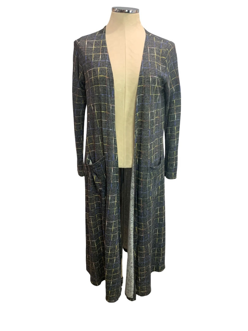 Small LulaRoe Womens Gray Jersey Knit Duster Sarah Cardigan Check Pattern Pockets