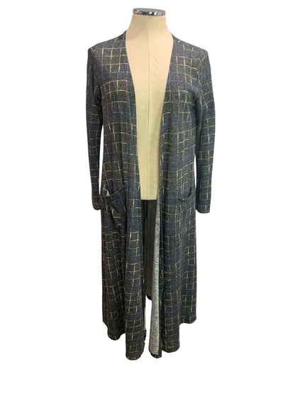 Small LulaRoe Womens Gray Jersey Knit Duster Sarah Cardigan Check Pattern Pockets