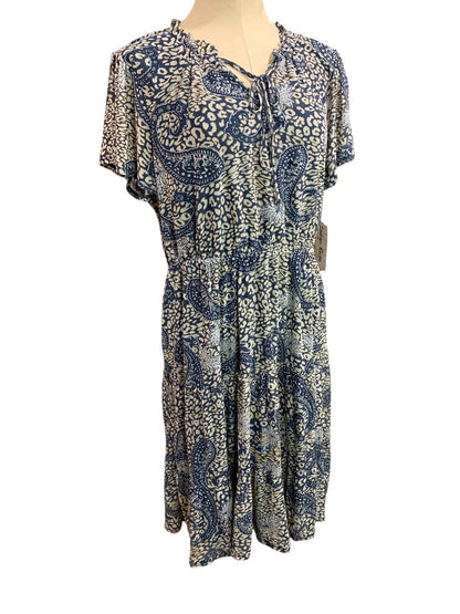 XL Indigo Rose New Paisley Print Boho Dress Elastic Waist Lined Stretch Fabric Blue Tan