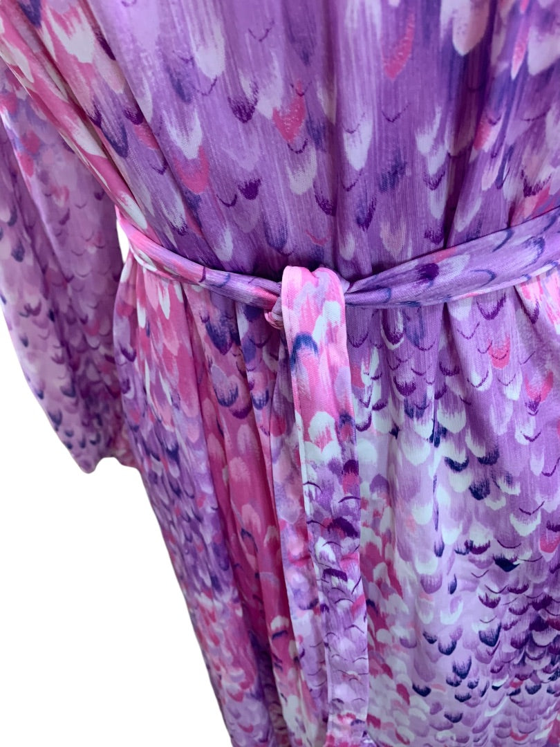 Size 14 1/2 Three Rs Vintage 1970s Dress Polyester Purple Belted Scale Pattern