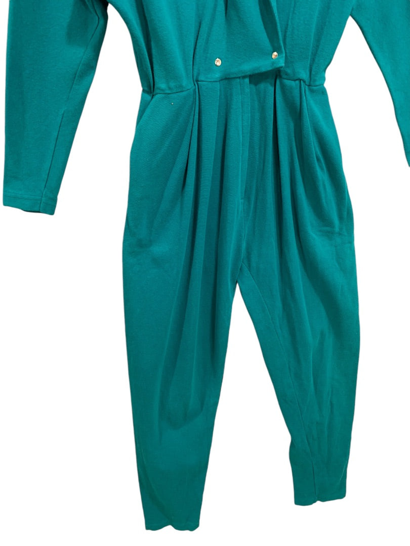 Small FADS 1980s Womens Teal Knit Jumpsuit Snap Bodice Pockets