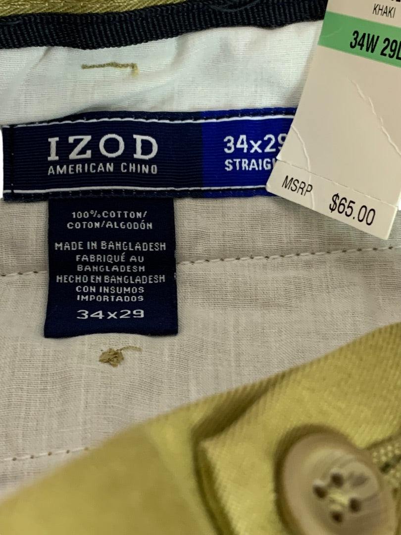 34 x 29 Izod Mens New American Chino Flat Front Straight Leg Cotton Khaki