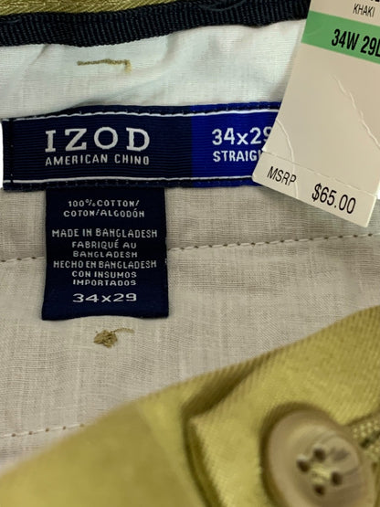 34 x 29 Izod Mens New American Chino Flat Front Straight Leg Cotton Khaki