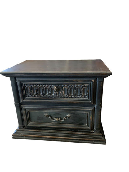 Vintage Bassett Moorish Oak Nightstand Painted Black Distressed 2 Drawer