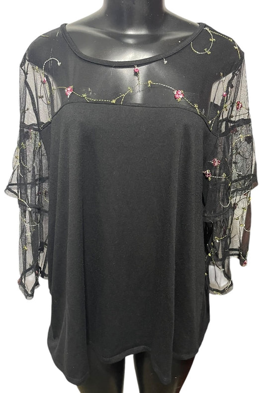 1X Ultra Teeze Womens Black Mesh Yoke Sleeve Embroidered Shirt