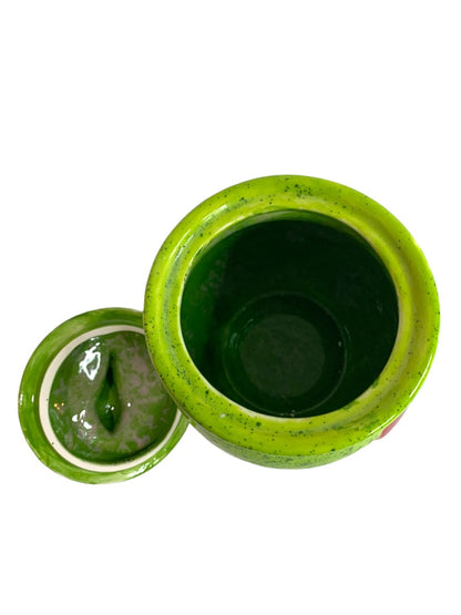 Green Lidded Jar 3.5 Inches High Heel Heart XO Glazed Ceramic
