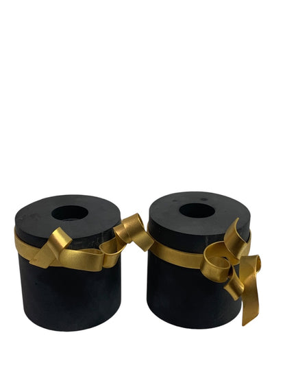 Black Soapstone Taper Candleholders Goldtone Metal Ribbon