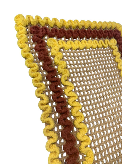 Vintage 1970s Handmade Crocheted Dresser Scarf runner Yellow Brown 29x17 Inches