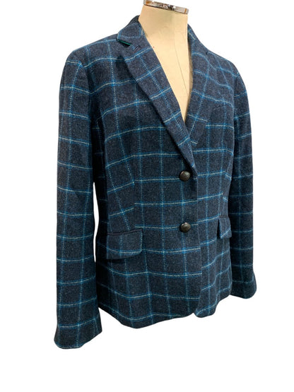 Size 14 Talbots Womens Wool Blend Plaid Blazer Jacket Blue Preppy Career