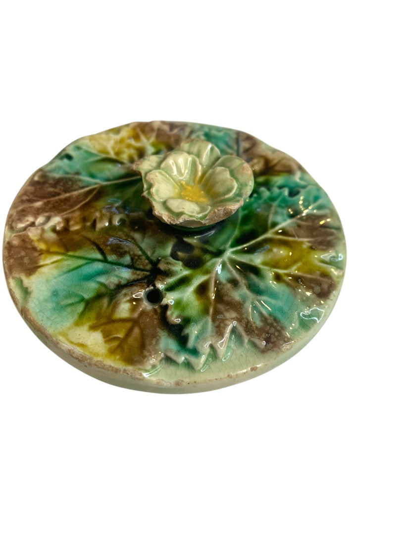 Antique Majolica Flower Leaf Teapot Lid 3.2 Inch Diameter Chipped