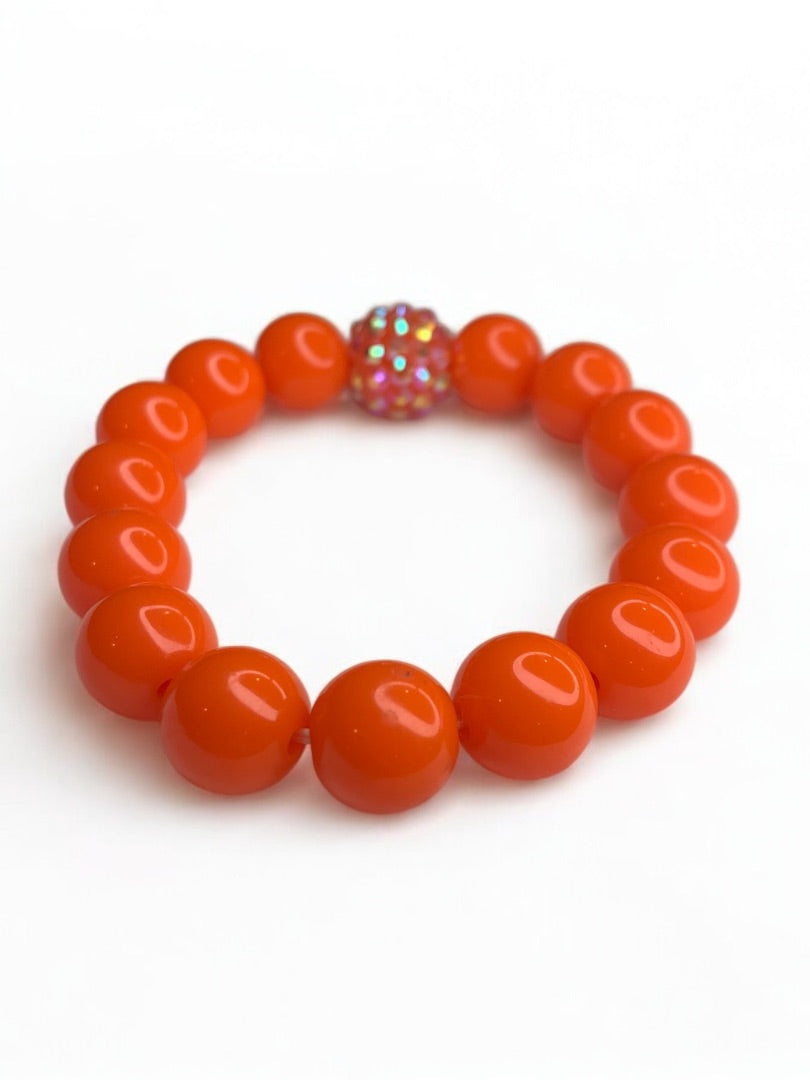 Orange Acrylic Round Beaded Stretch Bracelet Bling