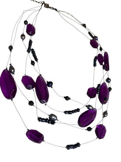 Multistrand Purple Beaded Wire Necklace 16-18 Inch