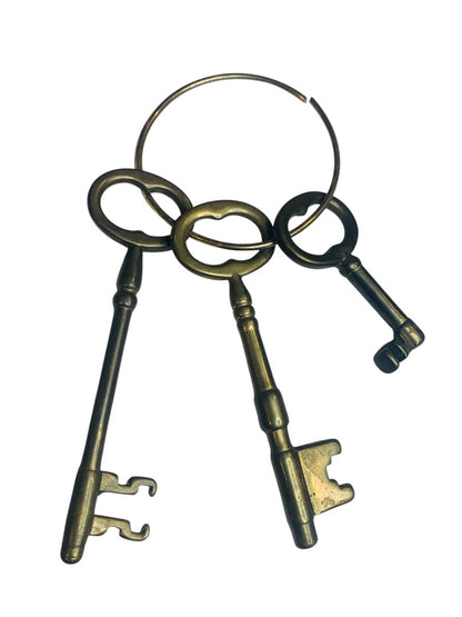3 Solid Brass Jailers Pirate Church Skeleton Key Ring Set Victorian Decor