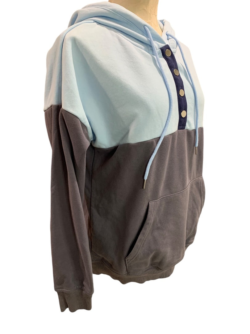 Medium Womens Blue Gray Hoodie Sweatshirt Snaps Colorblock