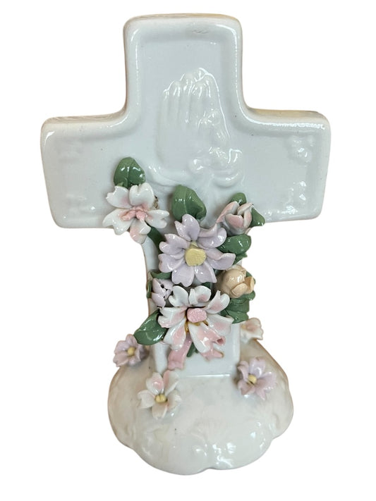 Praying Hands Floral Cross 1998 5.5 Inch Freestanding Floral