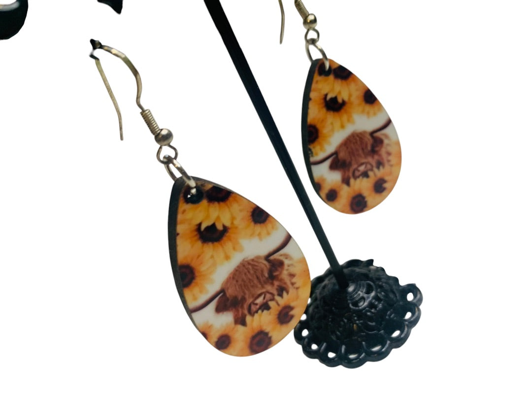 Sunflower Highland Cow Hook Pierced Earrings Lightweight Double Sided