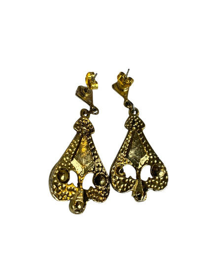 Goldtone Black Post Pierced Earrings Art Deco Style 2 Inch Drop